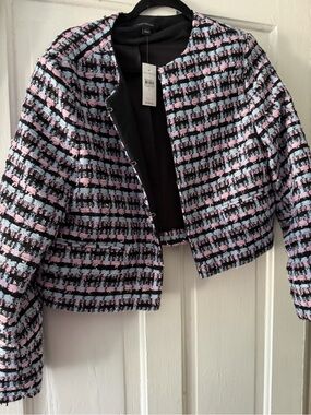 Ann Taylor Pink, Light Blue & Black Tweed Cropped Jacket